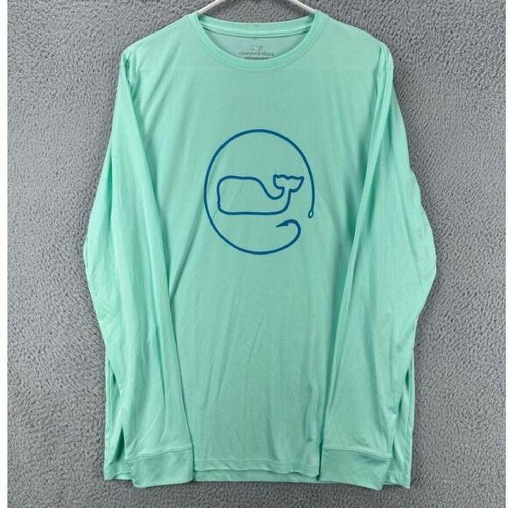 Vineyard Vines Performance Shirt Men Medium Aqua Graphic Print Whale Fishing NEW - Picture 3 of 9
